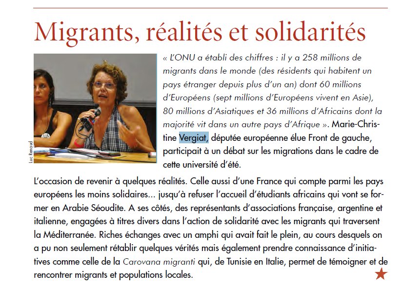 MCVergiat's tweet photo. J'ai participé à l’Université d’été solidaire et rebelle des mouvements sociaux et citoyens #UE2018 fin août pour parler des #migrations.
Retrouvez l'encart dans la tribune du #TravailleurAlpin de septembre 2018 qui résume ce débat.
➡️A lire : https://t.co/r2RBnDk75v https://t.co/gQFvGxDCkI