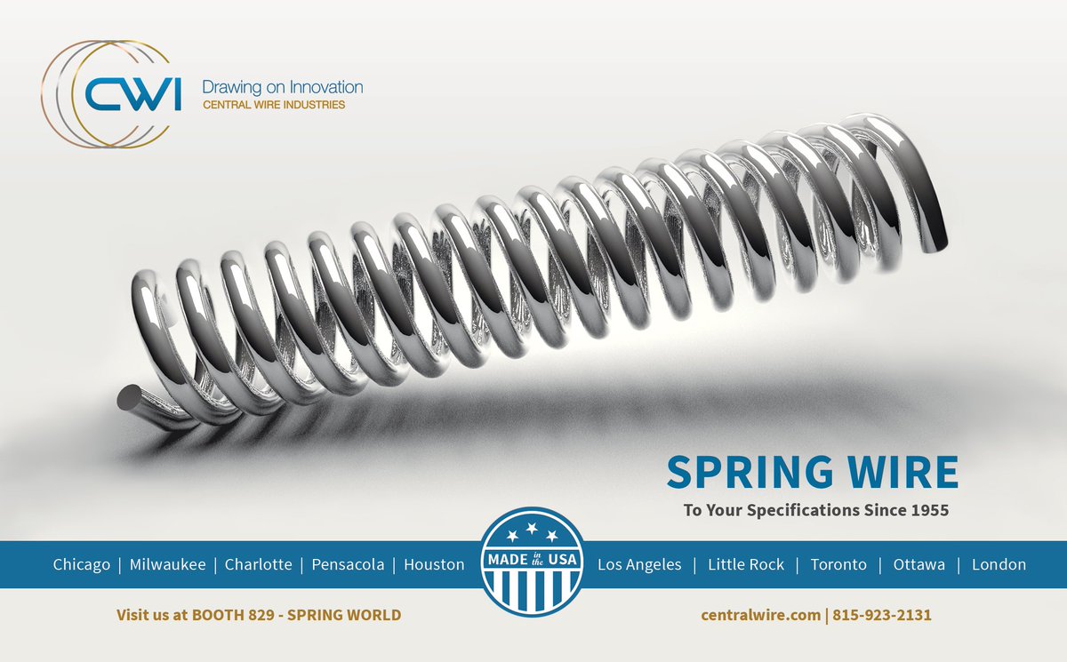 CentralWireInd's tweet photo. Countdown - 2 Weeks until #SpringWorld 2018 - https://t.co/qrkAgg1RzP
Visit us at Booth 829 on Oct. 3-5 at the Rosemont, IL Convention Center.
#casmi #mfg #springwire #wire #springs #manufacturers #fasteners #OEMs https://t.co/l5eAWEOYP5