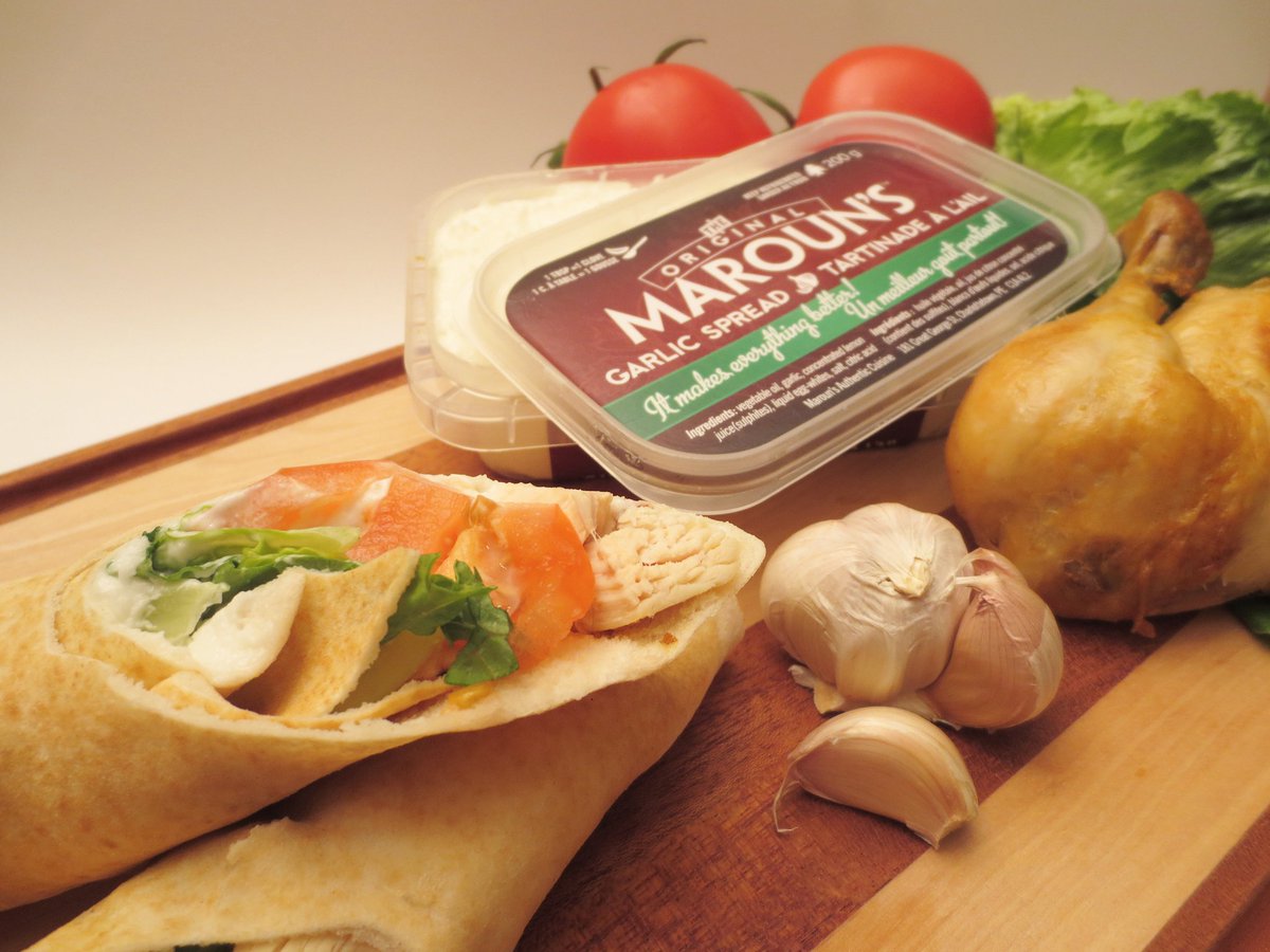Wrap Wednesday! Today is an easy one. We added tomato, lettuce, left over chicken and used the Original Maroun's Garlic Spread for the base and wrapped it all up in a pita. Tasty, simple and healthy!