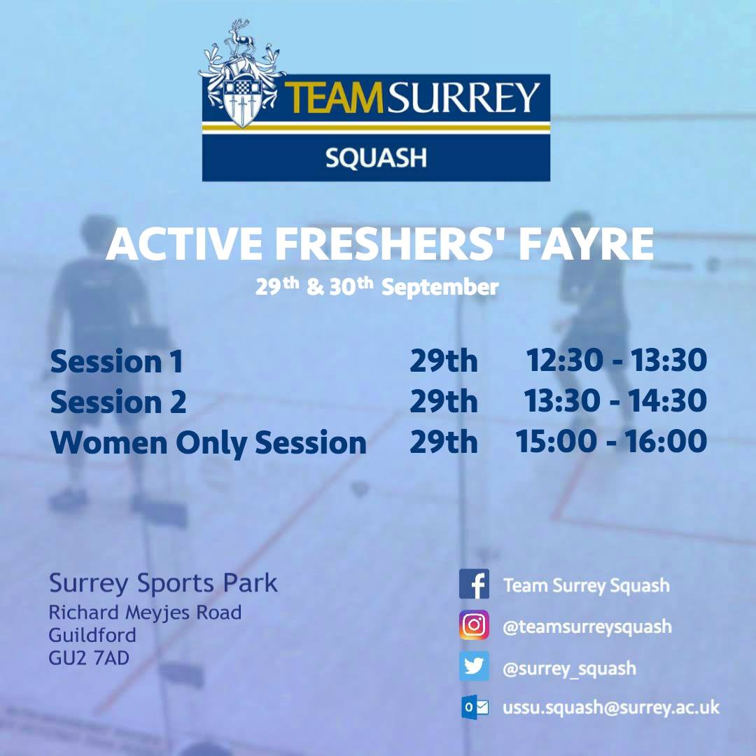 Freshers' Week is almost here!! Get active and get involved at the Active Fayre, and join us on court on Saturday 29th! Can't wait to see everyone
facebook.com/events/1835436…
#Squash #Sports #TeamSurrey #WomensSquash #WomensSports #SurreySquash #GetActive #Freshers #FreshersWeek