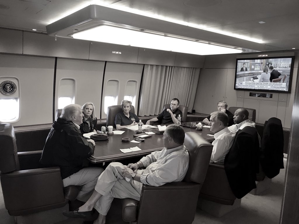 Kayleigh McEnany 45 Archived (@presssec45) on Twitter photo President <a href="/realDonaldTrump/">Donald J. Trump</a> meets with <a href="/SenatorTimScott/">Tim Scott</a> <a href="/LindseyGrahamSC/">Lindsey Graham</a> <a href="/SenThomTillis/">Senator Thom Tillis</a> <a href="/SenatorBurr/">Richard Burr</a> <a href="/SBALinda/">Linda McMahon</a> <a href="/MickMulvaneyOMB/">Mick Mulvaney</a> <a href="/SecNielsen/">Secretary Kirstjen M. Nielsen</a> on board AF1 en route to NC. President <a href="/realDonaldTrump/">Donald J. Trump</a> meets with <a href="/SenatorTimScott/">Tim Scott</a> <a href="/LindseyGrahamSC/">Lindsey Graham</a> <a href="/SenThomTillis/">Senator Thom Tillis</a> <a href="/SenatorBurr/">Richard Burr</a> <a href="/SBALinda/">Linda McMahon</a> <a href="/MickMulvaneyOMB/">Mick Mulvaney</a> <a href="/SecNielsen/">Secretary Kirstjen M. Nielsen</a> on board AF1 en route to NC.