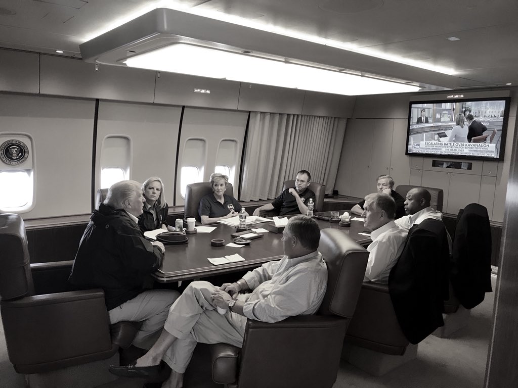 President @realDonaldTrump meets with @SenatorTimScott @LindseyGrahamSC @SenThomTillis @SenatorBurr @SBALinda @MickMulvaneyOMB @SecNielsen on board AF1 en route to NC.