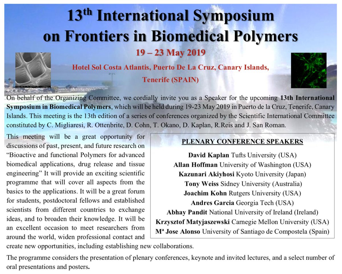 joachimkohn's tweet photo. I am excited to be a plenary speaker at an international symposium in the Canary Islands on Frontiers of Biomedical Polymers (May 19 2019). The informative discussions in a great venue will make the trip worthwhile. Check out: https://t.co/0EkvMzXCe4 #FBPS2019 #biomedicalpolymers https://t.co/N64HNADc5D