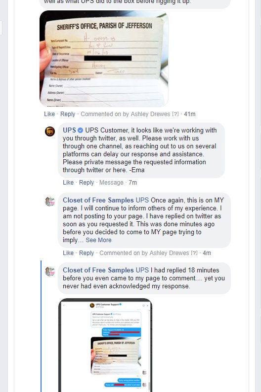 closetsamples's tweet image. So @UPS goes to MY page to comment about me keeping everything through DM... which was 18 minutes after my initial response... which they didn't respond to. So trying to make me look like I don't respond when this is their true colors. #UPSsucks #UPSlies #UPSkilledmymailbox