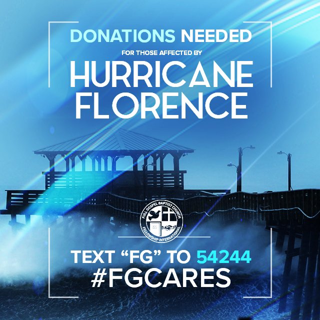 FGBCF's tweet photo. Our brothers and sisters need our help. Our goal is to raise money to support the recovery efforts of those impacted by the Hurricane Florence in the Carolina Coastal area. Please text “FG” to 54244 and give a $10 donation to #FGCares. @LaTresaJester @BishopDGunn @JosephWalker3 https://t.co/5YZou0gBjP