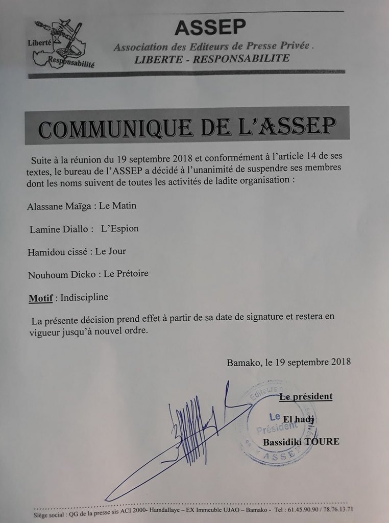 konate90's tweet photo. #Mali : Communiqué de l’Association des Éditeurs de Presse Privée #ASSEP https://t.co/GyavCicq0e