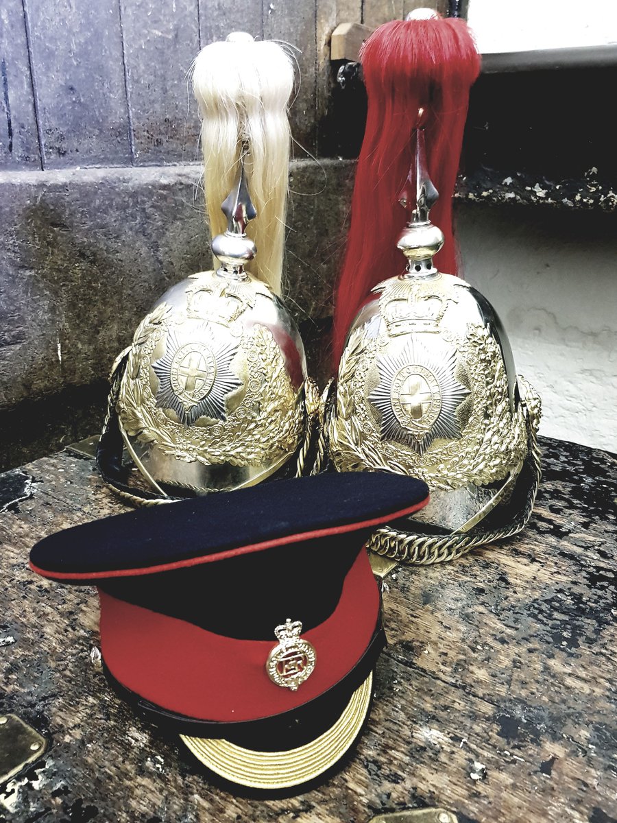 Just back from Knightsbridge Barracks & ready to try on at the #Museum. The repaired #Helmets and Cap of the #HouseholdCavalry.