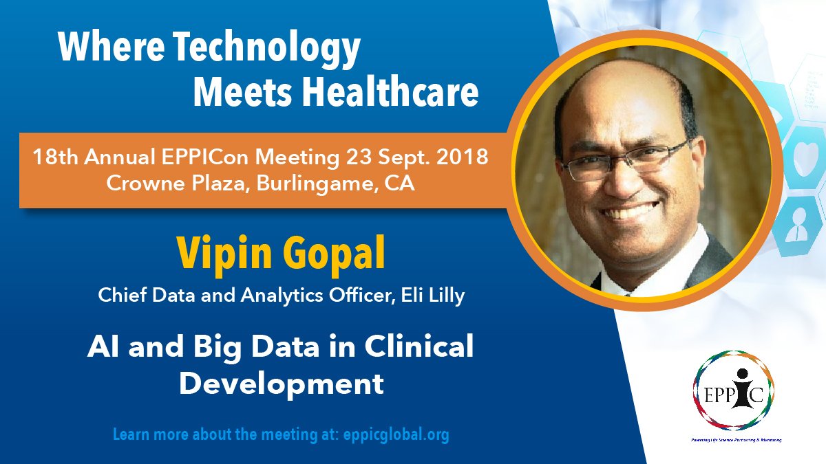 EPPIC3's tweet photo. This Sunday Vipin Gopal from Eli Lilly and Company (@LillyPad) will lead a fireside chat at EPPICon2018. Leaders from Google, Illumina, Roche, and more will also present. Register now for only $150: https://t.co/VuJgUyMTTW https://t.co/pJNKBK0Ksn