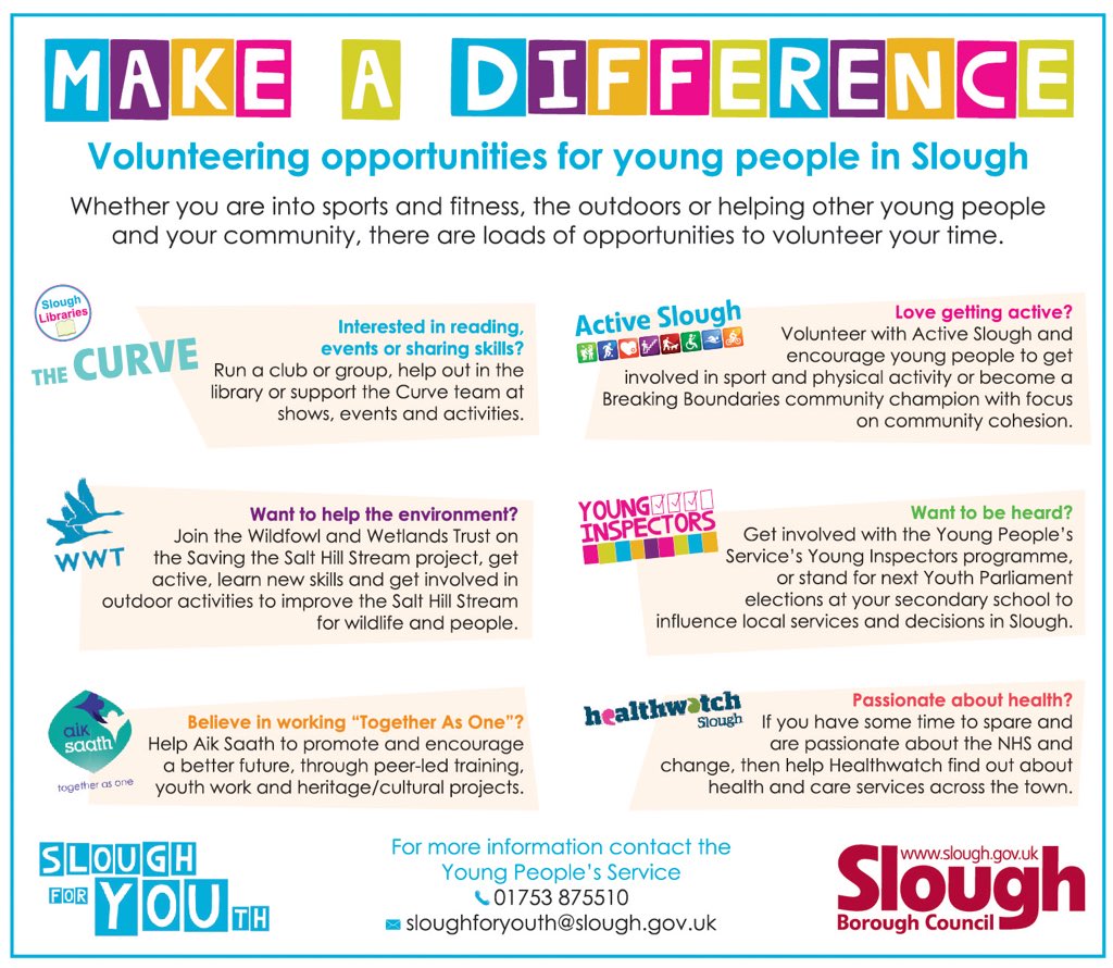Are you a young person looking for volunteering in Slough? Then try out one of these opportunities with us or @AikSaath @WetlandsSlough @ActiveSlough @SY_Parliament @HWSlough @SloughLibraries to get involved & make a difference. #Volunteers #YouthVoice @vinspired @SloughCouncil
