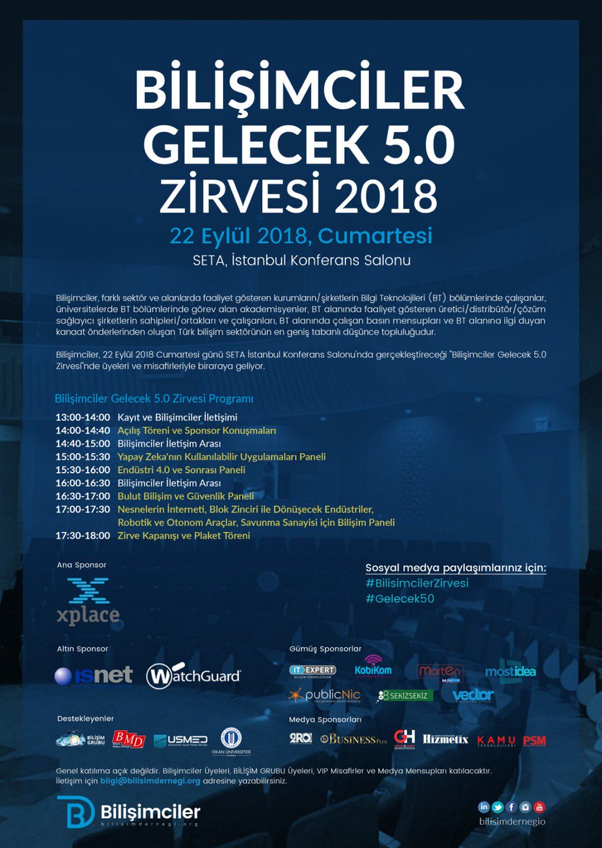22 Eylül Cumartesi günü Bilişimciler Gelecek 5.0 Zirvesi 2018 de Bulut Bilişim ve Güvenlik konusunda panelist olarak yerli ve milli ürünlerin ulusal güvenliğe etkisi hakkında görüşlerimi paylaşacağım. #BilisimcilerZirvesi