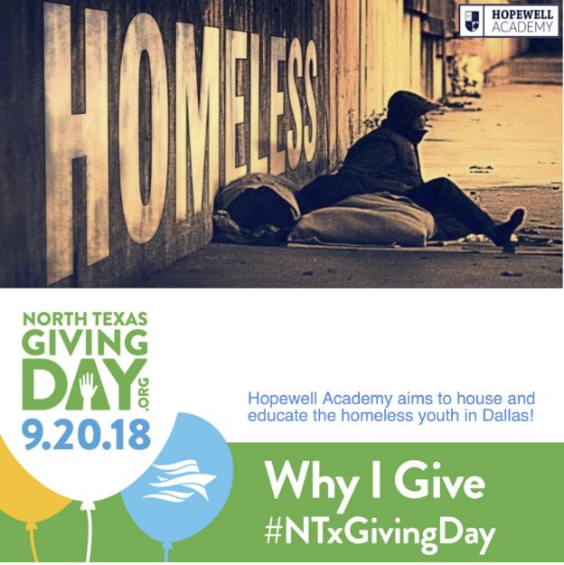 At Hopewell Academy we will provide a place to belong. We give because we want our students will feel safe and loved. Please help us help Dallas homeless youth by donating. Comment below a reason you love to give! #NTxGivingDay 

Donate here!
northtexasgivingday.org/hopewellacademy