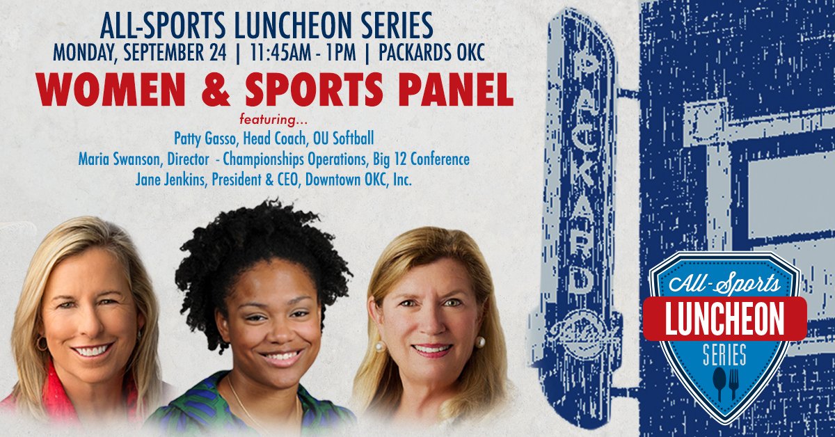 The All-Sports Luncheon Series returns Sept. 24 feat. Patty Gasso, <a href="/OU_Softball/">Oklahoma Softball</a> Coach, Maria Swanson (<a href="/Big12Conference/">Big 12 Conference</a>) &amp; Jane Jenkins (<a href="/DowntownOKC/">Downtown OKC</a>). Join us as they share knowledge on various sports topics &amp; the importance of sporting events in OKC.
 
🎟 bit.ly/2p3Z6FQ