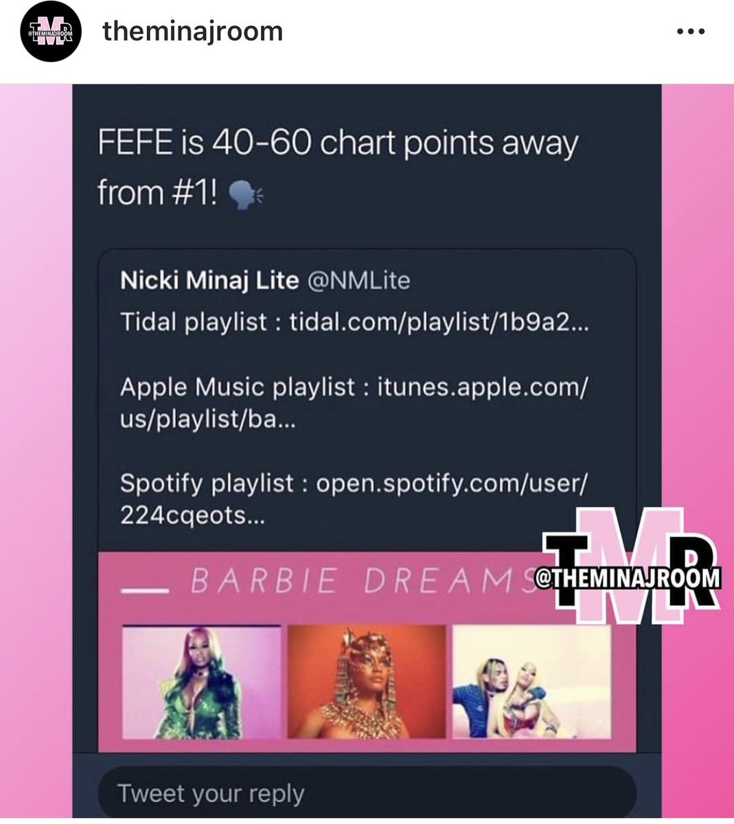 AndrewinGagCity's tweet photo. So according to IG #Barbz, #FeFe is only 40-60 points from Number one of #billboard! Letโs get to streaming #FEFE! #FEFEStreamingParty @NICKIMINAJ #NickiMinaj #6ix9ine #Queen #QueenRadio RETWEET THIS or another one if Iโm late! LETS GET HER A NUMBER ONE! SHE DESERVES IT! https://t.co/F4m5CMsX9L