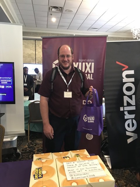 YuxiGlobal's tweet photo. Donuts are almost finished! We are having some great conversations with the people visiting our stand. #comSpark2018 #YuxiEvents https://t.co/ameBgfkqH5