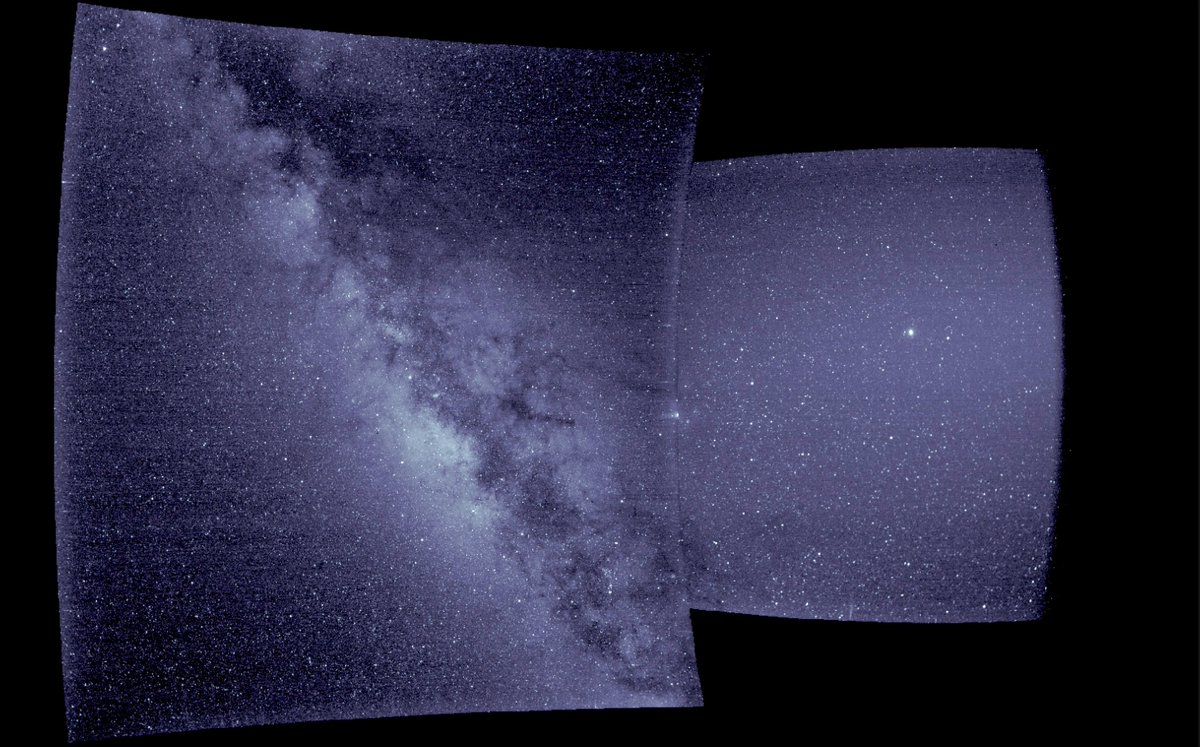 A blue-toned, two-panel image of space with stars visible. The Milky Way is also visible in the left panel.