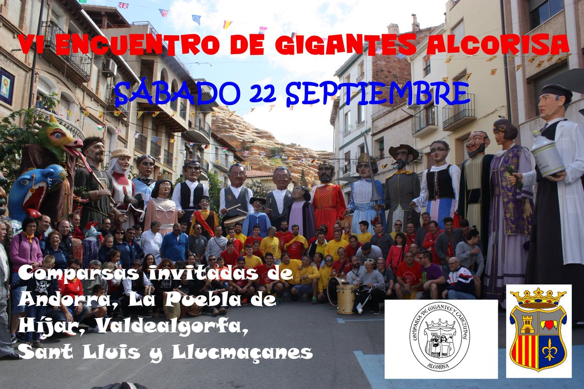 GigantesAlcoris's tweet photo. VI Encuentro Gigantes Alcorisa. Programa de actos:
12h Pasacalles de las Comparsas de Menorca y Alcorisa
12:30h Recepción oficial en la Casa de la Villa
18h Pza las Escuelas, Plantada de gigantes
18:30h Pasacalles  por el casco histórico 
20:30h Baile final de todos gigantes https://t.co/9ybBAsZnnf