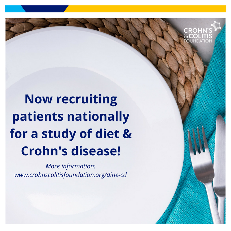 CrohnsColitisFn's tweet photo. Ever wanted to participate in a research study? Here’s your chance! If you are 18 or older with mild to moderate #Crohns, you may be eligible to participate in our diet study (#DINECD). Visit https://t.co/ObMo91qSXh for more information. https://t.co/HJGzGCuvU0