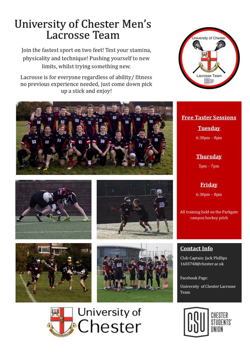 Lacrosse is the fastest sport on two feet and our taster sessions start the week beginning 1st October, come down try it we promise you won’t regret it!  Look for us at the sports and society’s fair or message us for further details!