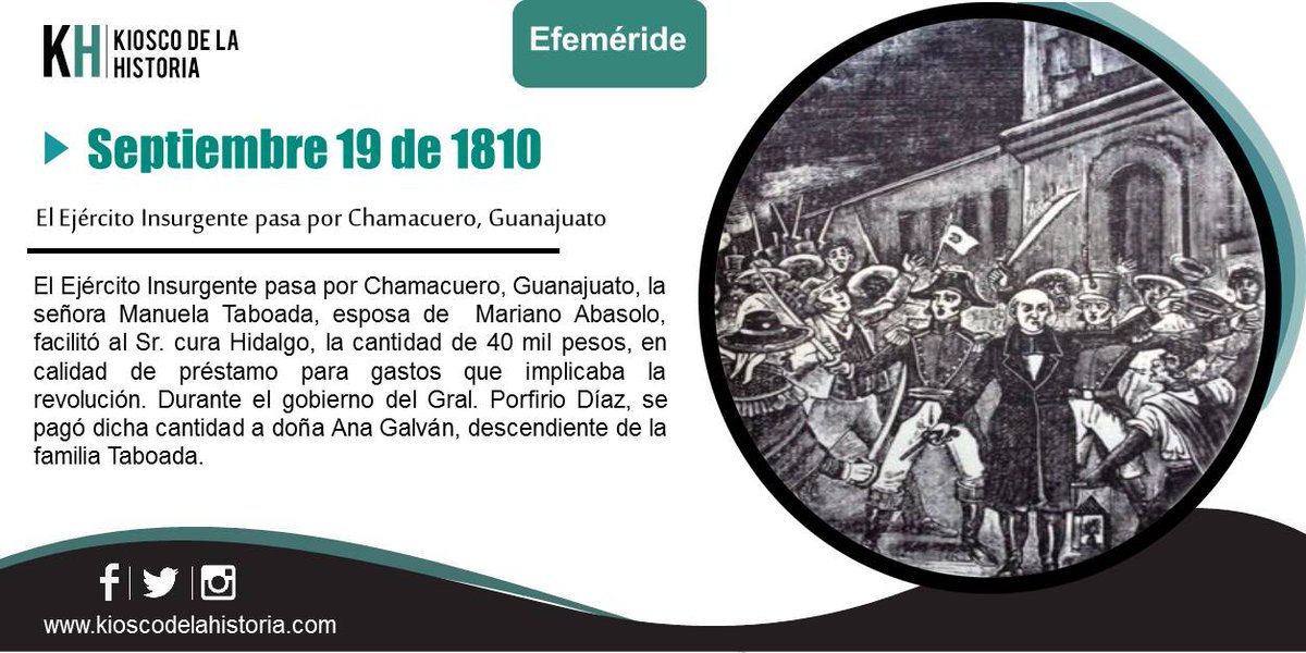 #19deSeptiembre de 1810, el Ejército Insurgente pasa por #Chamacuero, (hoy #Comonfort, Gto). La señora Manuela Taboada, esposa de Mariano Abasolo, facilitó al cura Hidalgo la cantidad de 40 mil pesos...
#UnDiaComoHoy #Historia #Efemerides en... goo.gl/GCk1Sf