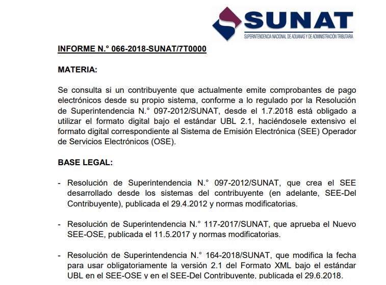 gruposescala's tweet image. INFORME N.° 066-2018-SUNAT/7T0000 : ¿Un contribuyente que actualmente emite comprobantes de pago electrónicos desde su propio sistema está obligado a utilizar el formato digital bajo el estándar UBL 2.1?. clubdecontadores.com/informe-n-066-…