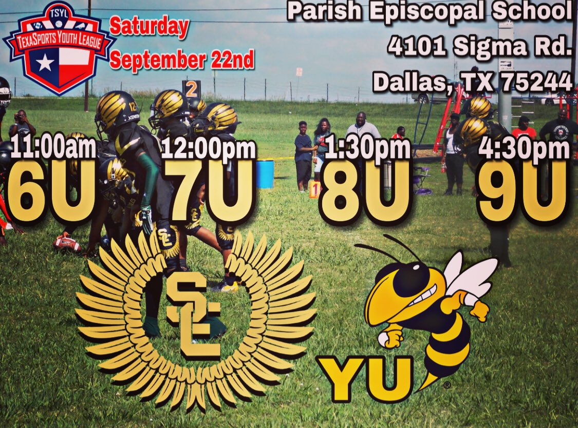_SoaringEagles_'s tweet photo. Soaring Eagles’ @TexaSportsdfw Schedule for Saturday, September 22nd

5U Soaring Eagles vs Pac Prime Black - 10am

6U Soaring Eagles vs YU - 11am

7U Soaring Eagles vs YU - 12pm

8U Soaring Eagles vs YU - 1:30pm

7U 81G vs NTX Mustangs - 3pm

9U Soaring Eagles vs YU - 4:30pm https://t.co/tULJ1q7OL6