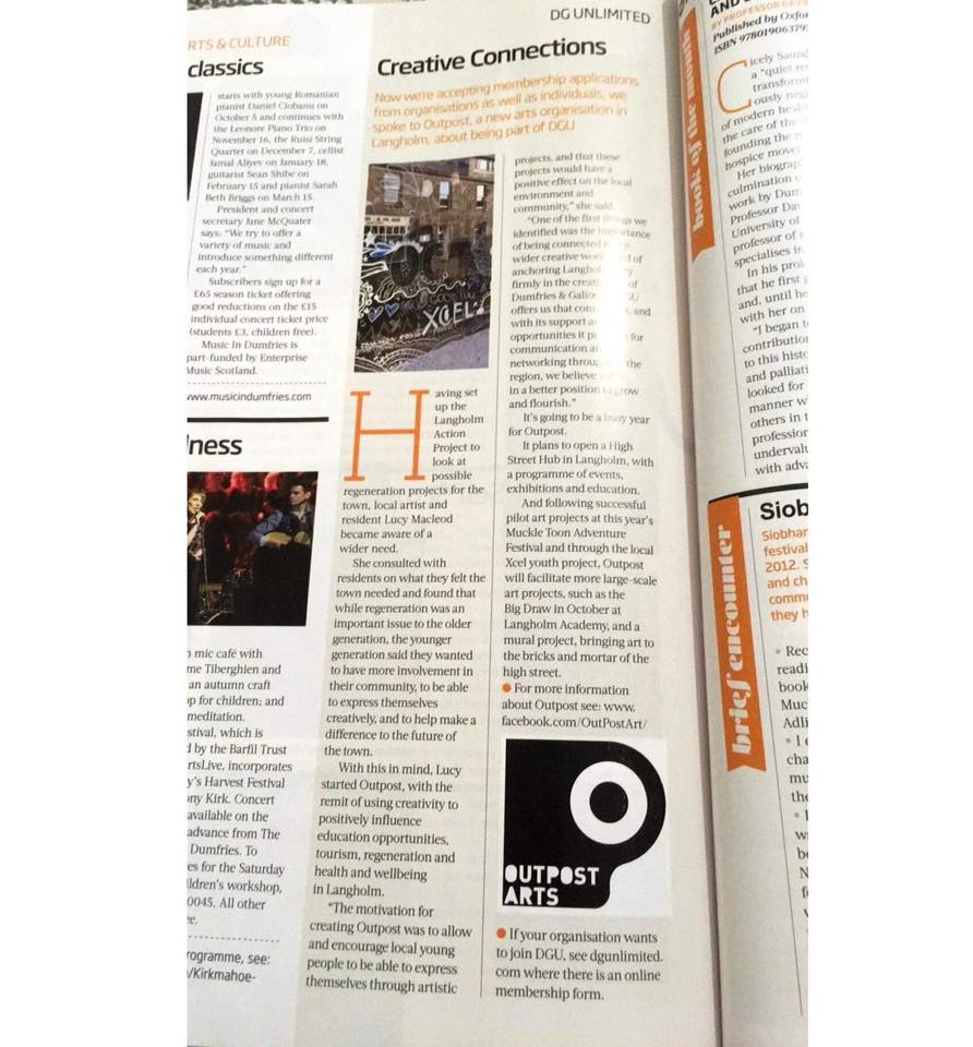 Lovely wee piece on OutPost Arts in the most recent issue of DG Life Magazine <a href="/DandGLife/">D&GLife</a> . Big oops to <a href="/DG_Unlimited/">DG Unlimited</a> 🙌 #outpostarts #langholm #creativeregeneration #dumfriesandgalloway
