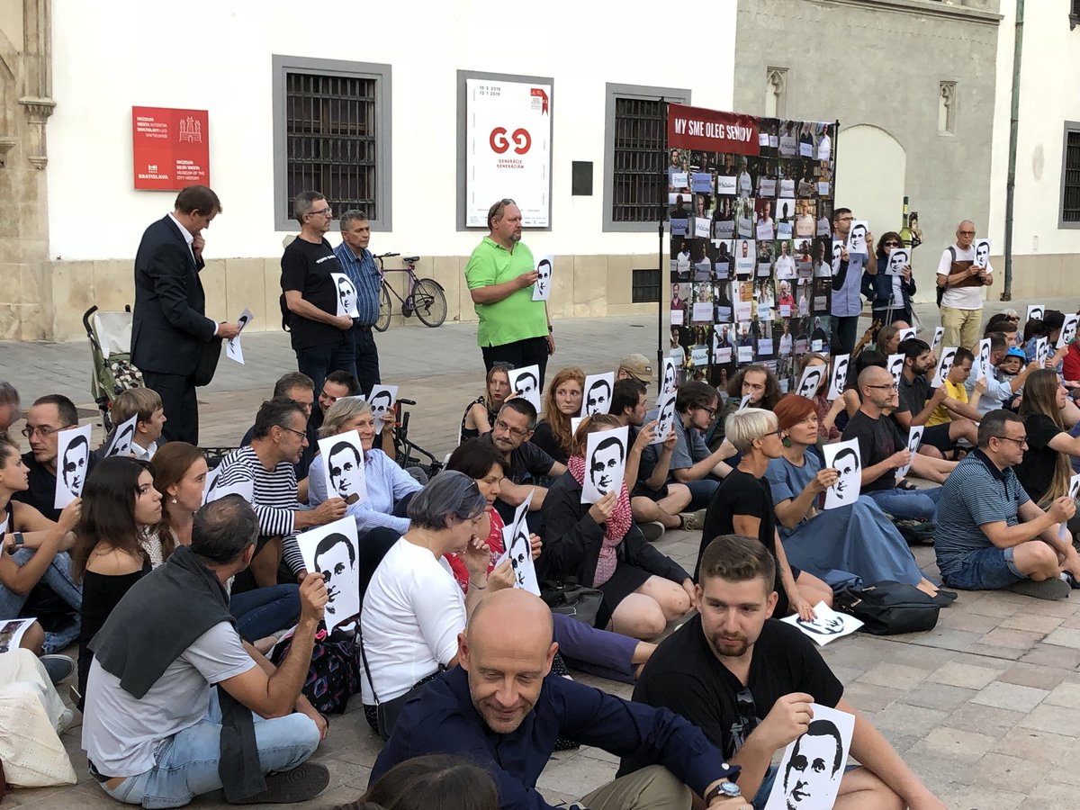 kmathernova's tweet image. #FreeOlegSentsov and #Sentsov #OleginNeed Czech and Slovak campaign underway in Bratislava where I stopped en route from Kyiv at a conference on #Ukraine. Freedom is a fundamental value, let us not forget that!