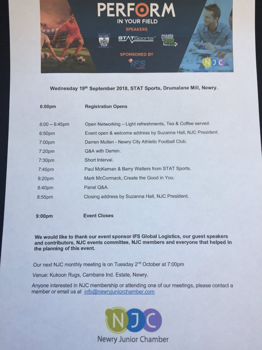 Looking forward to tonight’s event: ‘Perform in Your Field’ organised by <a href="/NewryJC/">Newry Junior Chamber</a> at <a href="/statsports/">STATSports</a> HQ.

Interested to hear what insights can be gleaned from the life experience of these gentlemen. 

#GrowthMindset #PeakPerformance