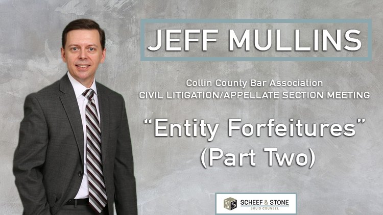 solidcounsel's tweet photo. Jeff Mullins is speaking today at Macaroni Grill on Preston Road over Entity Forfeitures! He will be speaking from 12:00 - 1:00 for the Collin County Bar Association's Civil Litigation/Appellate Section Meeting. #ScheefandStone #attorneyspeaker https://t.co/572064FzGn