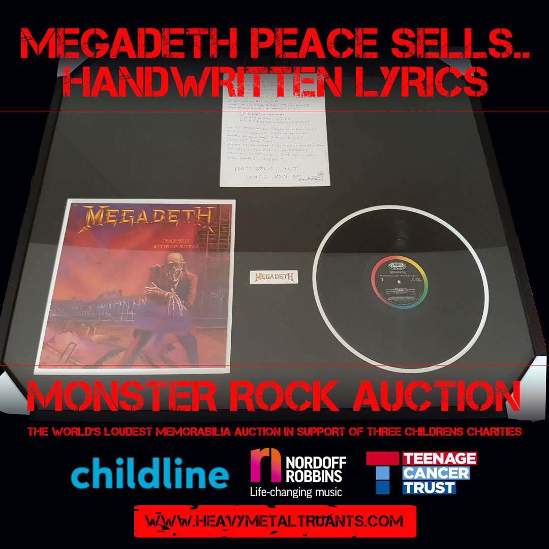 We have teamed up with @hmtruants to auction off this specially framed, hand written lyric sheet, by Dave Mustaine of ‘Peace Sells…But Who’s Buying?’ to raise money for three incredible children’s charities. Bid to win here: bit.ly/MD-HMT #heavymetaltruants #hmtauction