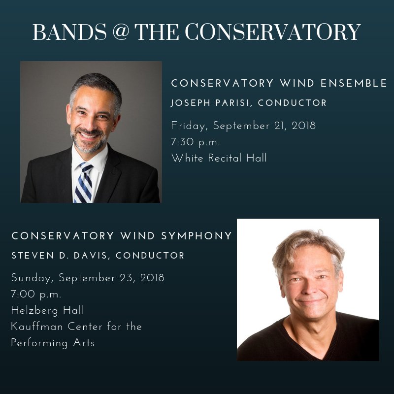 TWO chances to hear <a href="/UMKCCons/">UMKC Conservatory</a> Wind Bands this weekend! Friday, see Joseph Parisi and the Conservatory Wind Ensemble at 7:30 p.m. on the @UMKansasCity campus. Then make plans to attend Steven D. Davis and the Conservatory Wind Symphony on Sunday, 7 p.m. at @KauffmanCenter!