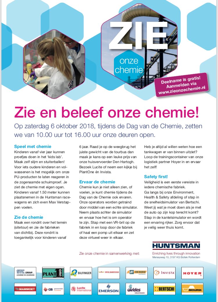 Zie onze chemie op 6 oktober. We maken er met @LuciteIntl <a href="/INVISTA/">INVISTA</a> <a href="/PlantOneRdam/">Plant One Rotterdam</a> <a href="/STCGroupNL/">STC Group</a> @MourikHolding <a href="/Emerson_News/">Emerson</a> <a href="/EvidesWaterbedr/">Evides Waterbedrijf</a> @MammoetHolding <a href="/DeRijkeGroup/">De Rijke Group</a> @GroupDenHartogh <a href="/HOYER_Group/">HOYER Group</a> <a href="/BilfingerISBNL/">Bilfinger IS B/NL</a> <a href="/gez_brandweer/">Gez. Brandweer</a> &amp; Bertschi een mooie #dagvandechemie van!