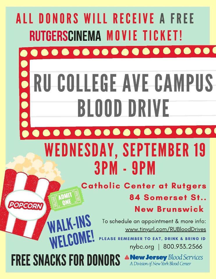 Come out to support the blood drive today from 3-9!! It’s at 84 Somerset St, by the train station. All donors get free movie tickets!!