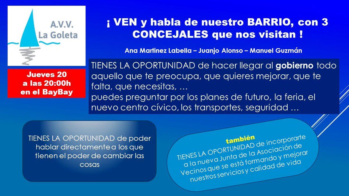 avlagoleta's tweet photo. ¡VEN y HABLA de nuestro BARRIO con 3 CONCEJALES que nos visitan! https://t.co/lO4uUfC9q2