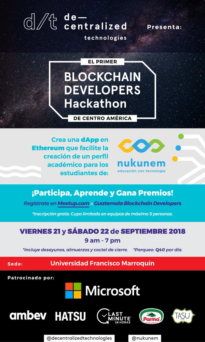 decentral_tech's tweet image. This Friday and Saturday we #buidl hard 🔥 The first Blockchain Developers Developers Hackathon in Central America! Join us and help us create a student ID #dApp on @ethereum!
Link in profile

#SimpleSmartContracts 
#EmpowerTheIndividual 
#Blockchain 
#cryptolife