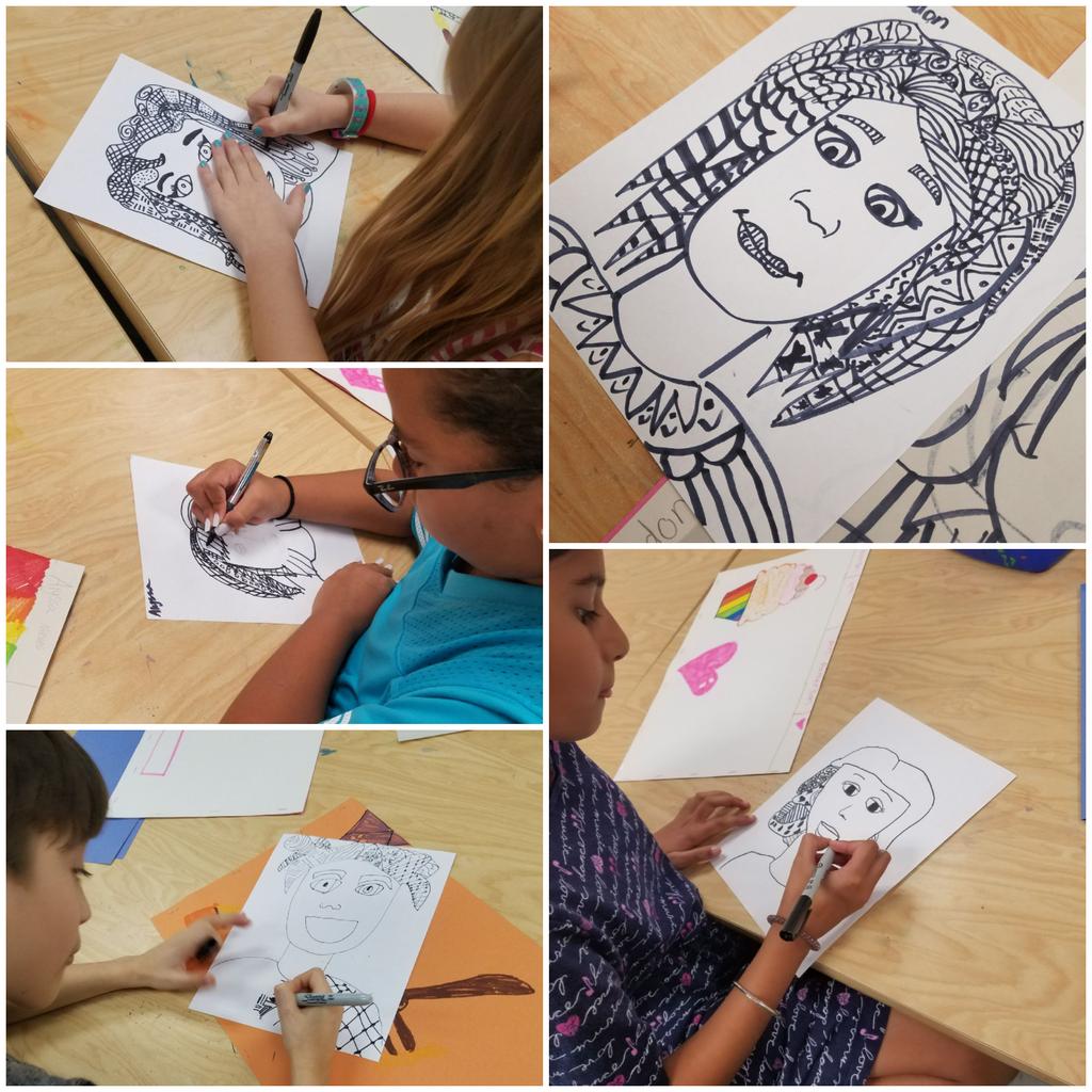 Jess_Romney's tweet photo. 4th graders learning about line and pattern in these Wacky Hair Portraits.#promise2purpose @FrankKISD https://t.co/zyoZeXRQCs