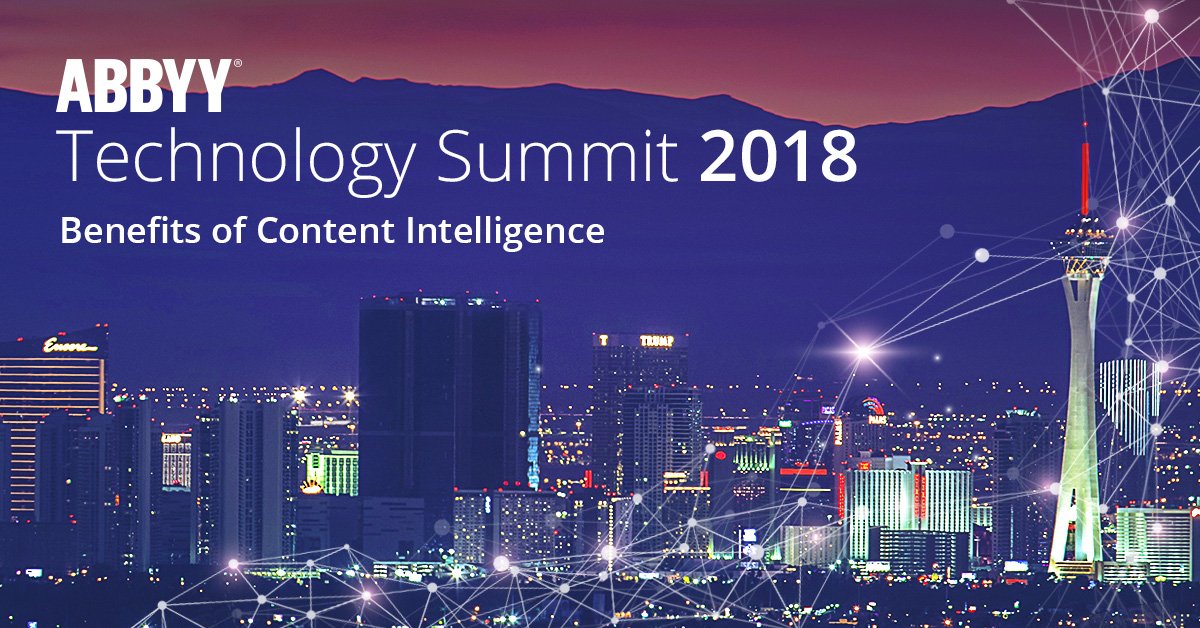 ABBYY Technology Summit (#ABBYYSummit18) goes to #LasVegas October 10-12, 2018!  Have you registered already? Don't miss keynote address by distinguished industry experts: <a href="/tobybell/">Toby Bell</a> and <a href="/SarahBurnett/">Sarah Burnett</a> ow.ly/YxId30lSiYy