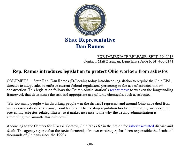 StateRepRamos's tweet photo. With the Trump administration working to dismantle existing asbestos standards, I am proud to introduce HB 730 to keep Ohio workers safe by maintaining current federal asbestos standards for new construction in Ohio. https://t.co/K8tziSgMjg