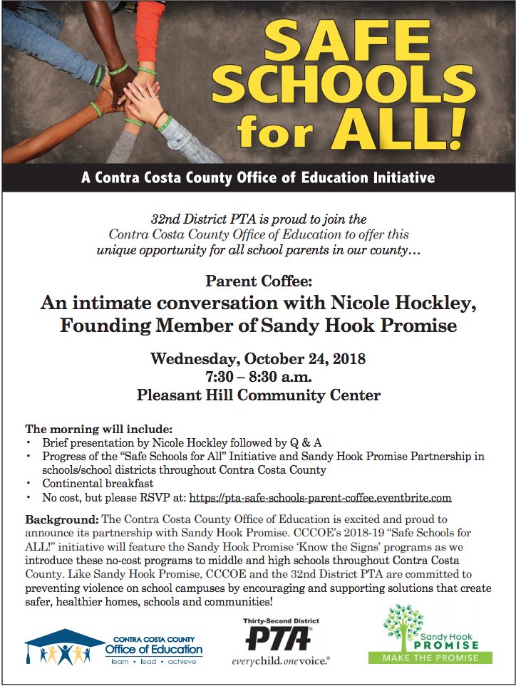 32DistrictPTA's tweet photo. Join us for a Parent Coffee: An intimate conversation with Nicole Hockley, Sandy Hook Promise. 
Open to parents in CoCo County schools.Presented by 32ndPTA &amp; @CoCoSchools
Wed 10/24/18
7:30 – 8:30 a.m.
Pleasant Hill Community Center https://t.co/nwAqm6GChX
