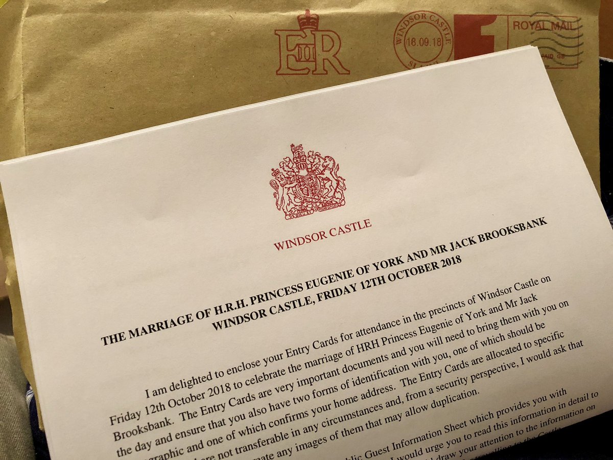 My entry card for the wedding of HRH Princess Eugenie of York arrived today 😁 Only a few weeks to go now & I’ll be in the grounds of #WindsorCastle 🏰 watching the whole @RoyalFamily arrive for the special occasion #excited #cannotwait #RoyalWedding2018 👑