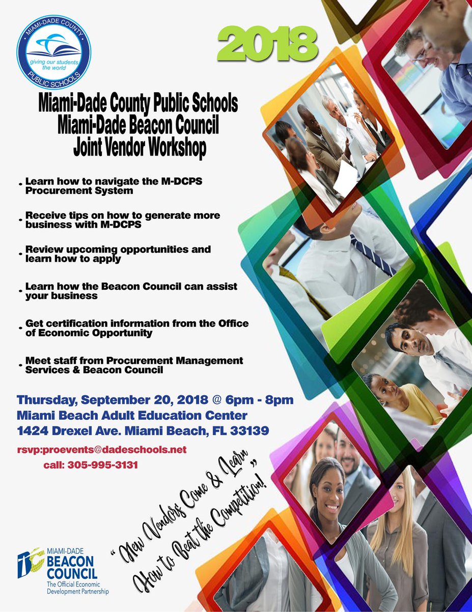 Community news...Just a reminder, M-DCPS Procurement staff will be out tomorrow night at Miami-Beach Adult Ed Center talking about business opportunities. See you then!!!