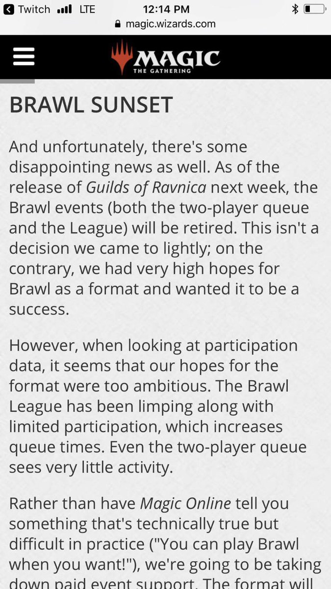 MetaGameMedia's tweet photo. Sooo Brawl is dead, already? We barley knew you. #ripbrawl #mtg #mtgbrawl #mtgo https://t.co/dAE5i8Kjfj