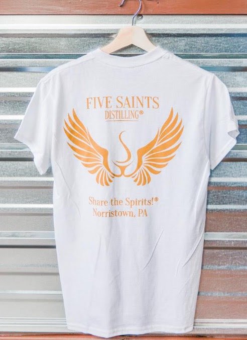 Stop by and enjoy red, white and blue with Five Saints T's - women's styles too! #FiveSaintsDistilling #NTownHustle #NorristownPA