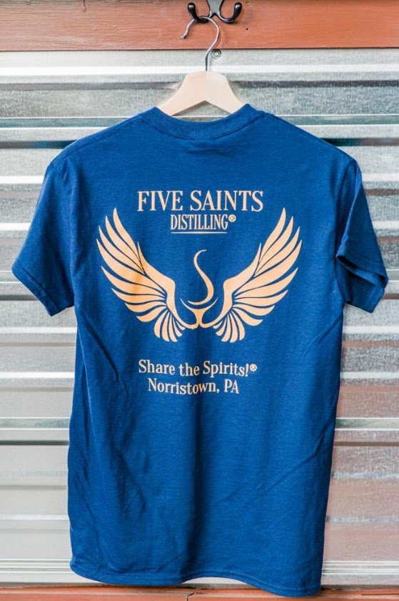 Stop by and enjoy red, white and blue with Five Saints T's - women's styles too! #FiveSaintsDistilling #NTownHustle #NorristownPA