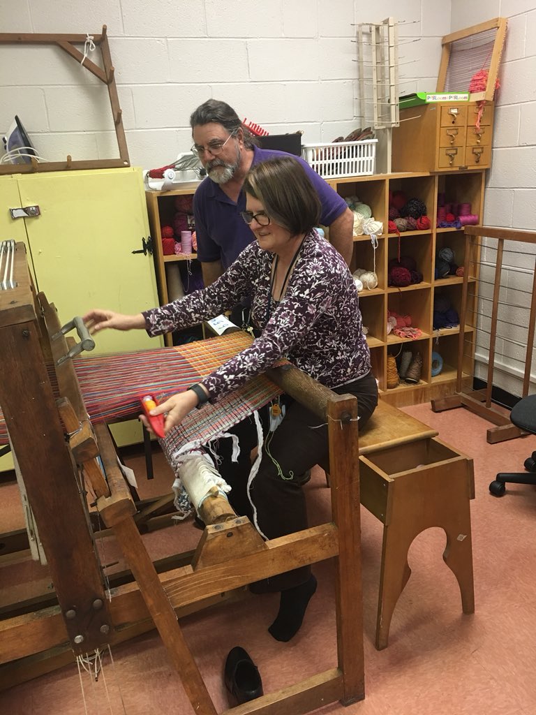 MadsenStacie's tweet photo. Mr Moore is teaching me how to use the loom in our classroom. #BunnHS_FCS #Learningnewthingsisfun #LunchandLearn https://t.co/7CQn6MlCni