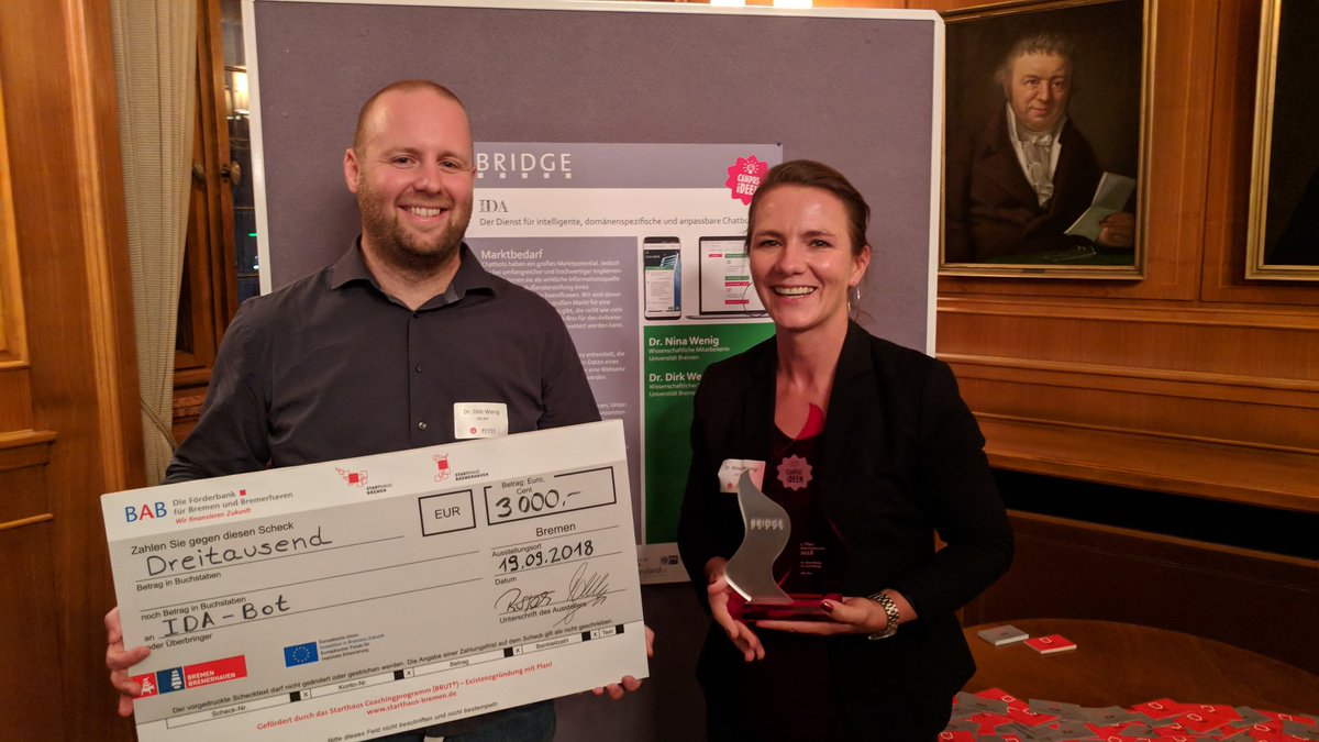 Wow, erster Platz bei den #CAMPUSiDEEN 2018 Geschäftsideen. Wir freuen uns sehr! #idabot #kontrollierbareKI für #chatbots