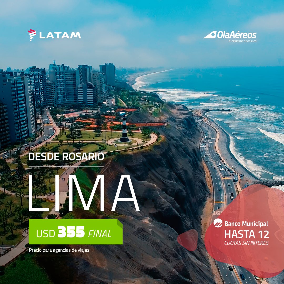 OlaTurismo's tweet photo. ¡Vuelo directo! Conocé Lima junto a @LATAM_ARG ✈. Financialo hasta en 12 cuotas con Visa o Master de @BancoMunicipal.  Buscá tu agencia más cercana ingresando aquí: https://t.co/vBqdaILpX8 y volá con Ola 😉. https://t.co/nw5rmzSnox