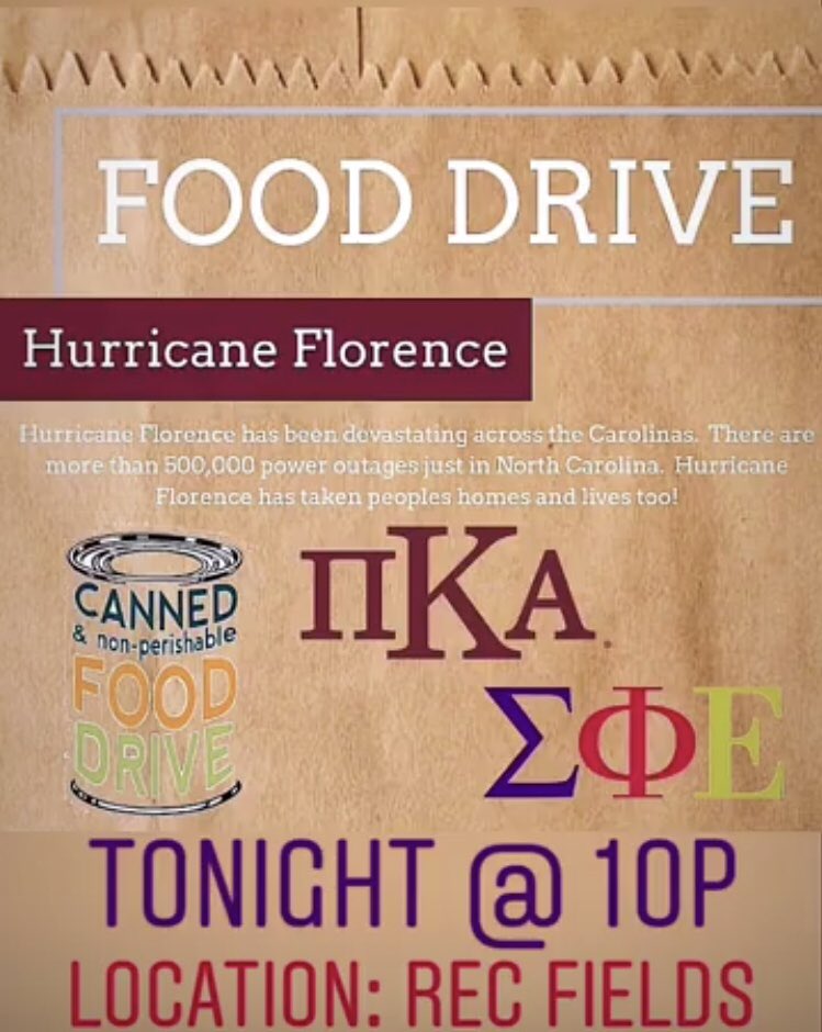 Come out to the game today against <a href="/UNCGPikes/">UNCG Pi Kappa Alpha</a>. Bring some canned food to help the victims of Hurricane Florence! #HurricaneFlorence2018 #UNCG22