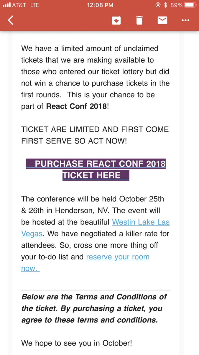 Shirley__Wang's tweet photo. Anyone has a ticket to sell for @reactconf 2018? Received this email but it’s already sold out :( https://t.co/9efKO4RVD7