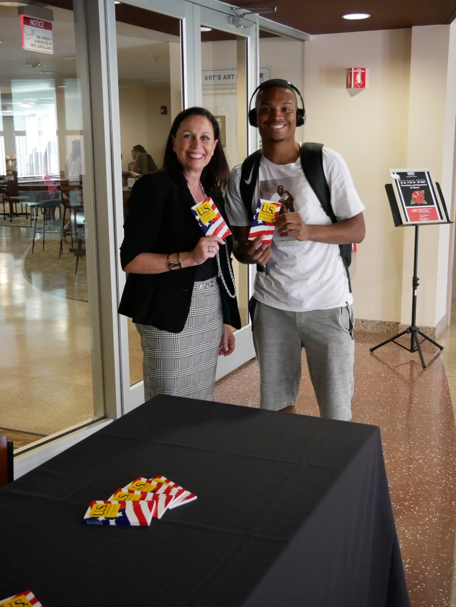 ElmsCollege's tweet photo. On Monday, Elms recognized #ConstitutionDay2018 by handing out free pocket-sized copies of the U.S. Constitution. Elms College Paralegal and Legal Studies Professor Caroline M. Murray, J.D., shared facts and answered student questions about our system of government. https://t.co/MVMTJxK1VC